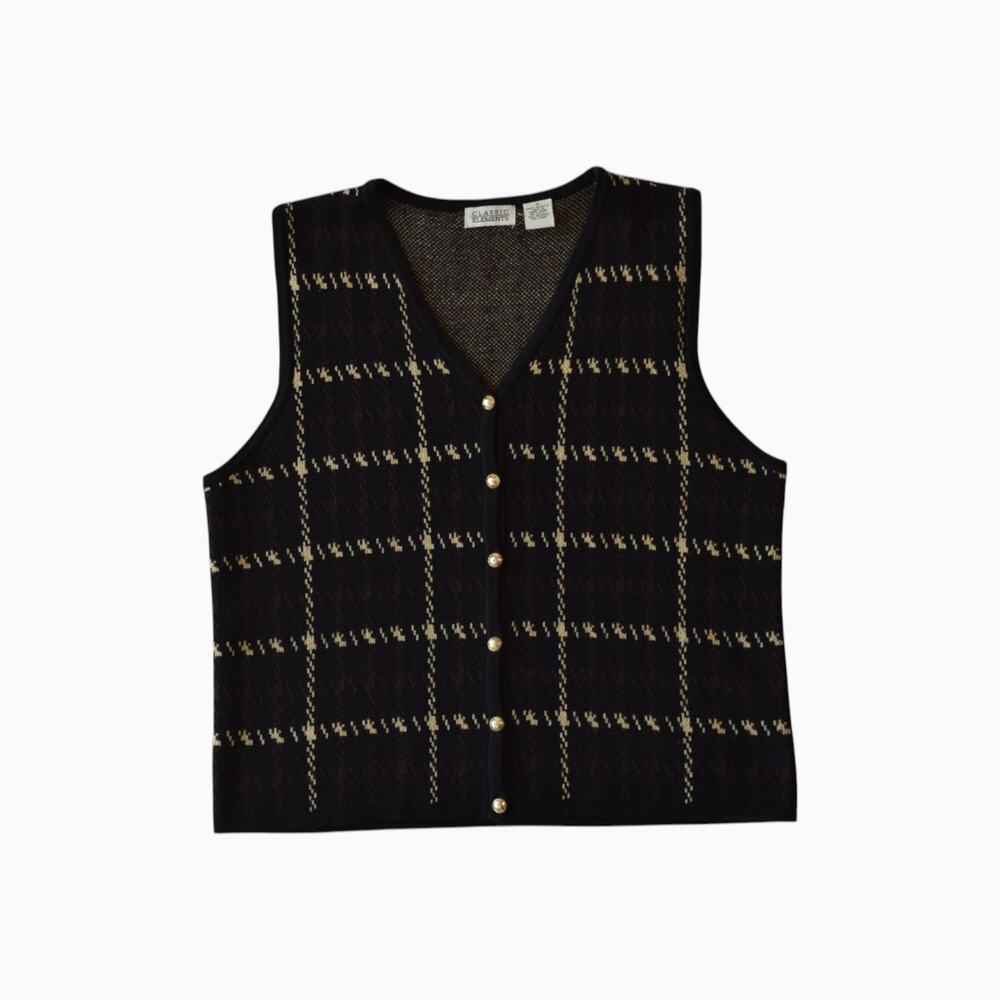 Vintage 90s Black Plaid Button Up Sweater Vest Size Small